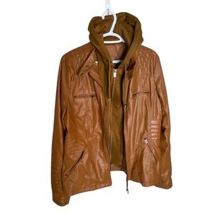 Brown Faux Leather Jacket Detachable Hood Biker Moto Edgy Zipper Pockets Large